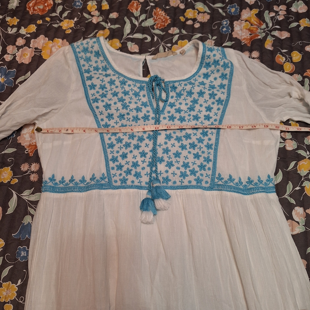 Soft Surroundings 100% Cotton White and Blue Embroidered Midi Juniper Dress - Picture 4 of 13